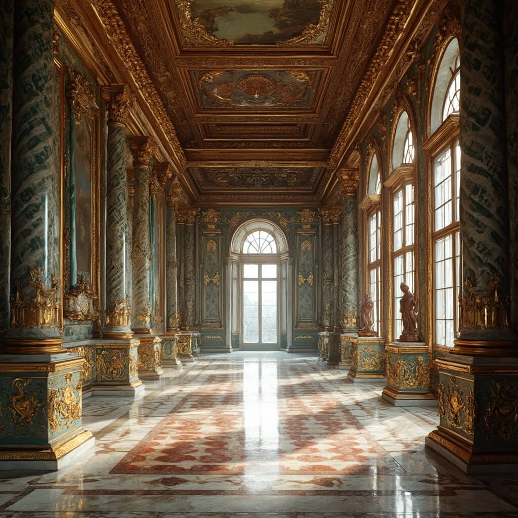 St. Petersburg in November: Your Ultimate Cold-Weather Adventure Guide Lavish baroque interior of the Hermitage Museum's grand hall featuring golden details, elegant marble floors, ornate windows with soft winter light, classical sculptures, artwork, and rich color tones of burgundy, gold, and deep forest green