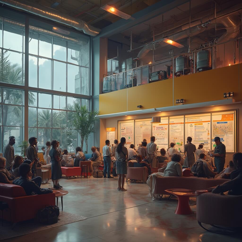 September in Hialeah: Your Ultimate Tropical Adventure Guide (Warning: Hurricanes Might Crash Your Party!) Community center in Hialeah converted into a bustling cultural hub with diverse residents at emergency preparedness stations, mobile charging areas, amidst comfortable seating and visible emergency equipment, under warm lighting and modern cooling systems, against the backdrop of a stormy weather outside large windows.