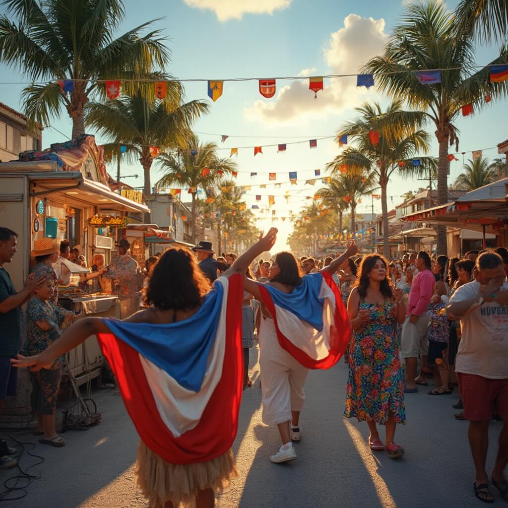 Cuban-American families celebrating October festivity in a bustling Hialeah neighborhood with colorful street decorations, food trucks, live music, warm tropical lighting, palm trees, and lively street dancing