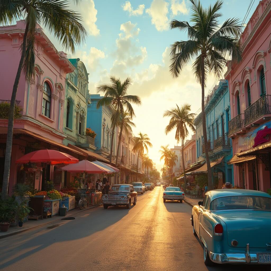 Hialeah in March: Your Insider's Guide to Florida's Hidden Gem Colorful Cuban-style buildings, palm trees, fruit stands, and cafes during golden hour on Okeechobee Boulevard in Hialeah with people, classic cars and long shadows.