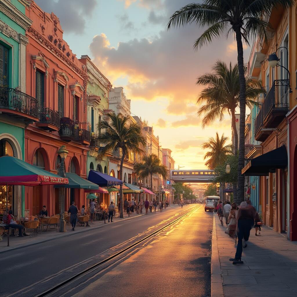 Why Hialeah in April Will Blow Your Mind: The Ultimate Insider's Guide Vibrant Hialeah street scene at sunset showcasing colorful Cuban-style architecture, bustling local vendors, family-owned cafes, modern storefronts, palm tree-lined streets, and the curved Miami Metrorail track