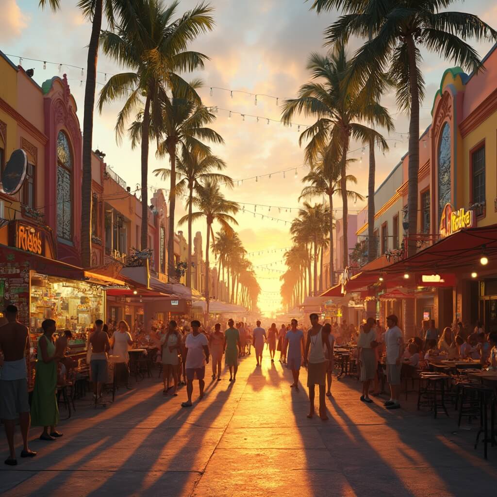 Sizzling Secrets: Why Hialeah in July Will Blow Your Mind (And Melt Your Expectations) Vibrant sunset street scene in Hialeah with colorful art deco buildings, palm trees, food trucks serving Cuban cuisine, locals at outdoor tables under string lights, and misting fans cooling the area
