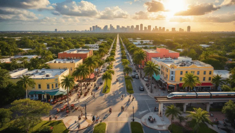 Why Hialeah in April Will Blow Your Mind: The Ultimate Insider's Guide "Aerial view of Hialeah, Florida showcasing its grid system, Cuban-American neighborhoods, Amelia Earhart Park, outdoor cafes, art deco buildings, and Miami Metrorail in vibrant colors under the golden sunlight."