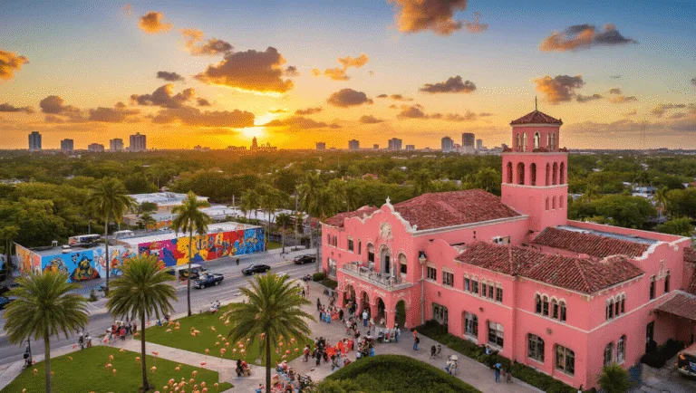 Hialeah in October: Your Ultimate Guide to South Florida's Hidden Cultural Gem "Aerial view of Hialeah Park Casino's pink Mediterranean architecture at sunset, flamingos in the foreground, vibrant murals at Leah Arts District in the distance, and a local Trunk-or-Treat celebration at Milander Park with vintage cars and food trucks, capturing South Florida's mix of modern urban life and history in warm, nostalgic hues."