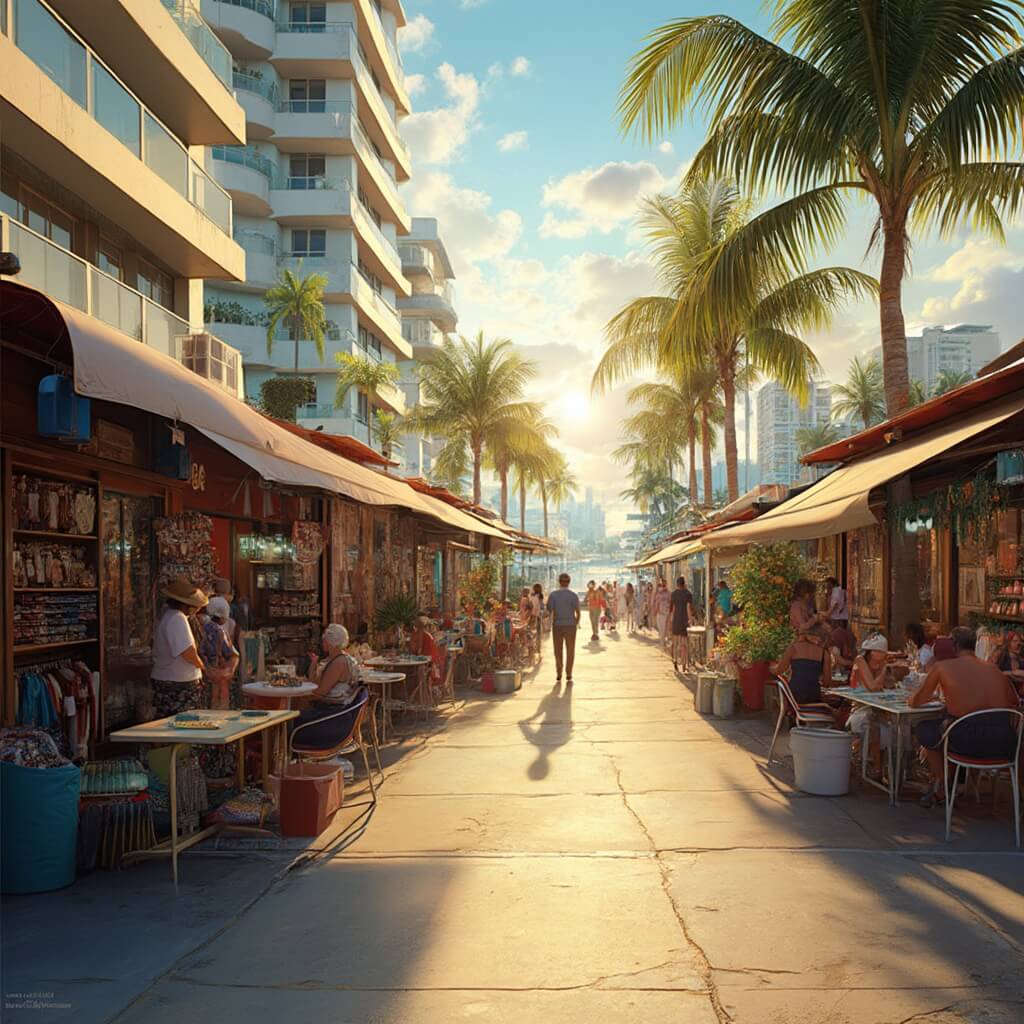 Hialeah in January: Your Ultimate Weather & Lifestyle Guide Bustling outdoor marketplace in Hialeah on a warm January day with colorful stalls, swaying palm trees, local residents browsing, outdoor dining, and modern buildings in the background, all bathed in golden sunlight