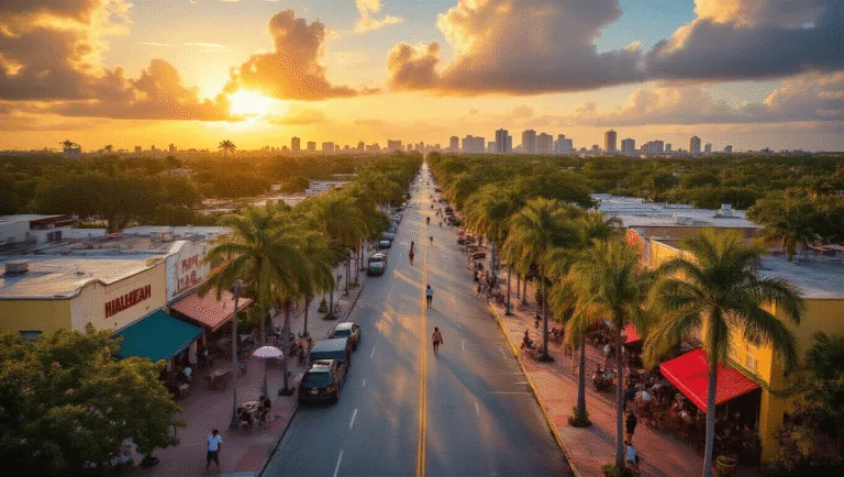 Discover the Sizzling Secrets of Hialeah in May: Your Ultimate Insider's Guide "Aerial view of Hialeah, Miami-Dade County at golden hour sunset showcasing Palm Avenue with local businesses, palm trees, residents at outdoor cafes, and Hialeah Park Casino in the background, under a sky with dramatic pre-summer clouds and distant thunderstorm."
