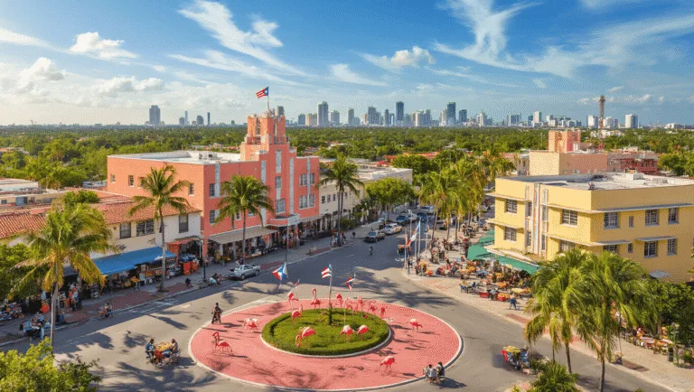 Why Hialeah's February Will Blow Your Mind: A Local's Insider Guide "Aerial view of Hialeah Park Racing & Casino with flamingos and palm trees, Cuban-American flags, Art Deco buildings, food vendors and outdoor cafes under blue skies, with the Miami skyline in the background."