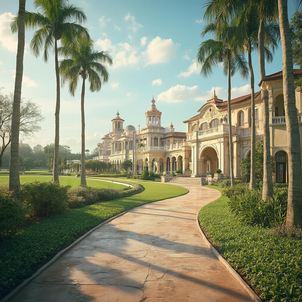 Hialeah in March: Your Insider's Guide to Florida's Hidden Gem Hialeah Park scenic view showcasing Mediterranean architecture, lush tropical vegetation, vintage racetrack elements, long shadows from March sunlight, early spring pastel colors and Cuban-American aesthetic grandeur.
