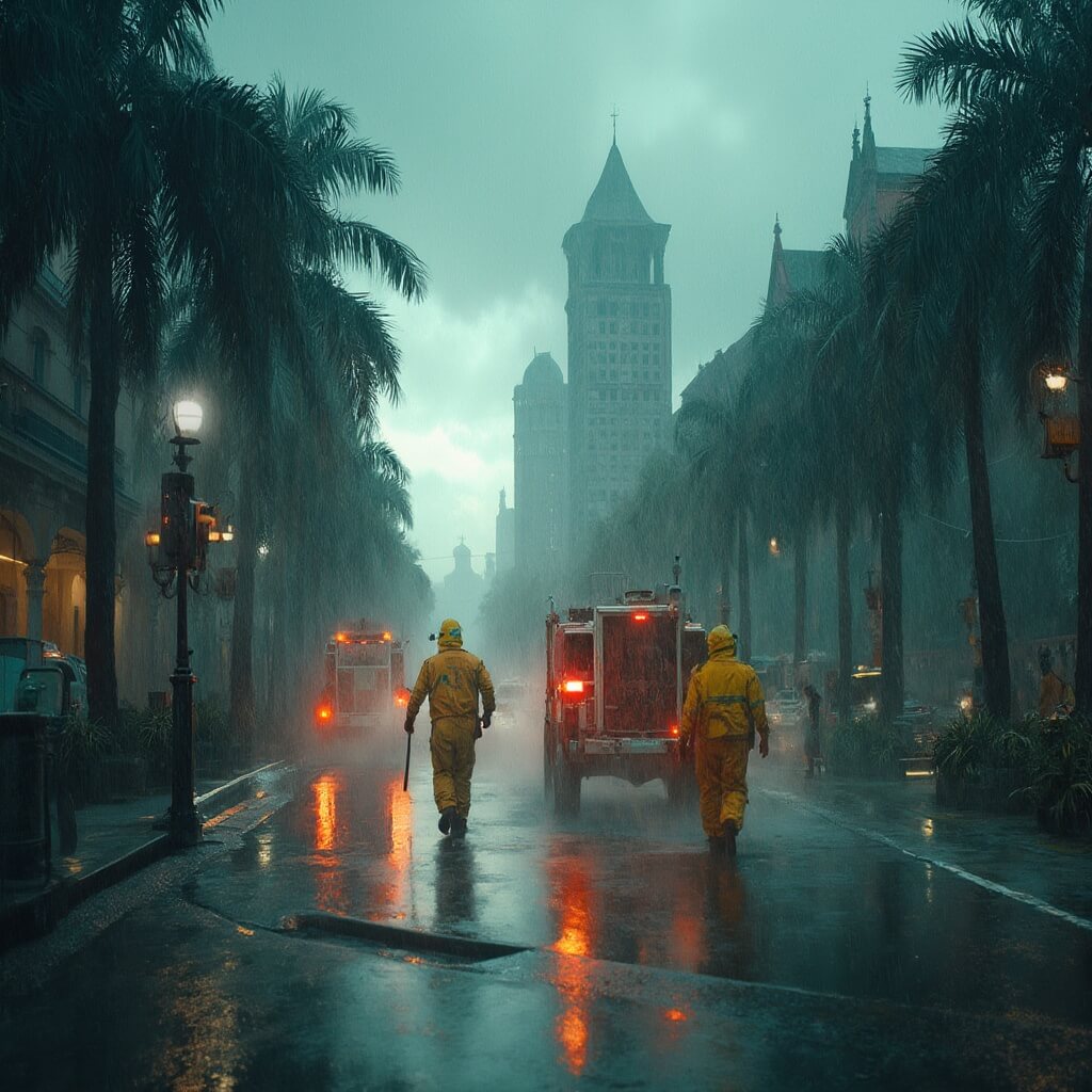 Hialeah in June: Your Ultimate Survival Guide to South Florida's Summer Hotspot City workers in yellow rain gear managing drainage systems at Hialeah Park during a summer rain shower, with emergency vehicles, historic architecture, palm trees, and puddles reflecting the dramatic sky in the background