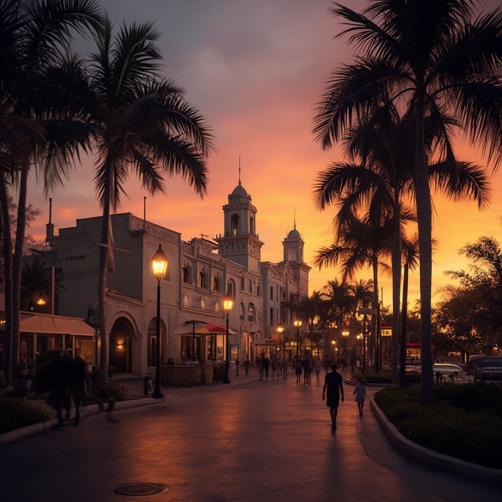 Why Hialeah's February Will Blow Your Mind: A Local's Insider Guide Hialeah Park Racing & Casino building during golden hour with palm tree silhouettes, Spanish Colonial architecture and families strolling under vintage streetlamps against sunset sky