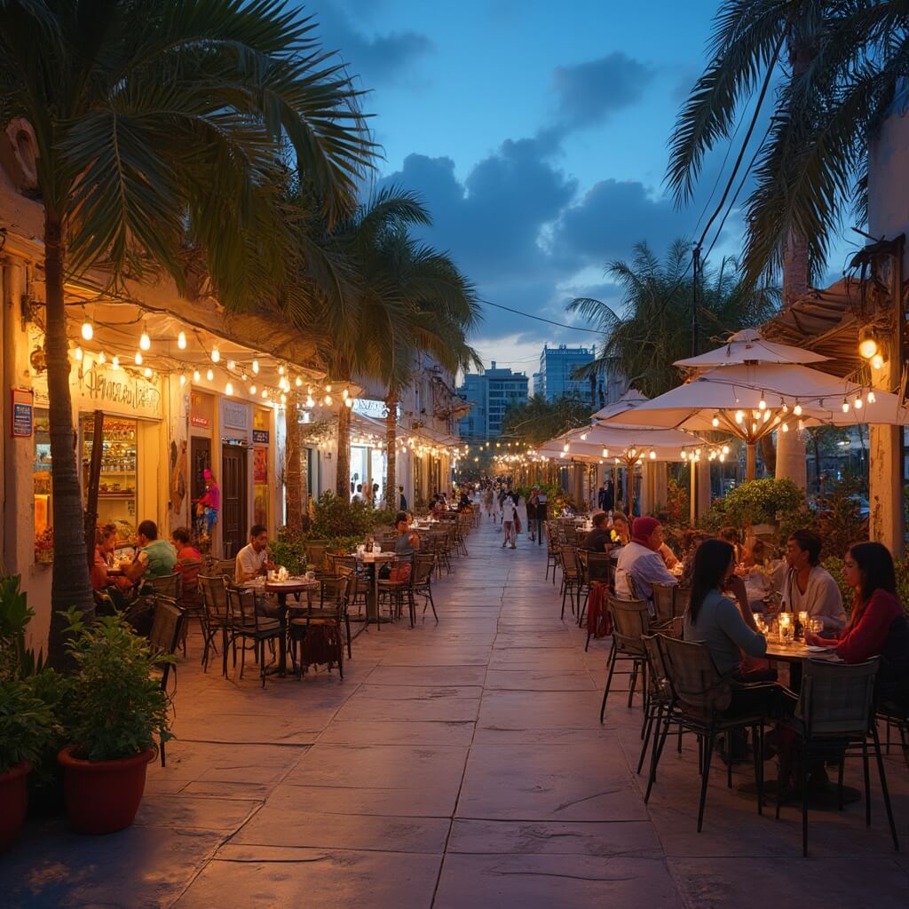 Hialeah in November: Your Ultimate Weather and Travel Guide Diners enjoying evening at Hialeah's outdoor plaza with Miami skyline in background, lit by string lights and surrounded by tropical plants and art installations