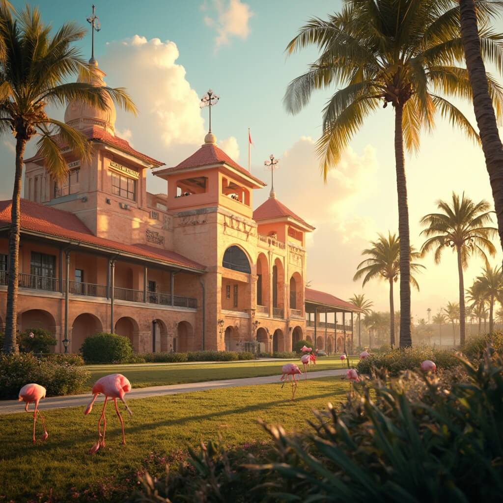 Golden sunlight bathing Hialeah Park racetrack with vintage architecture and lush greenery, representing classic Florida subtropical scenery