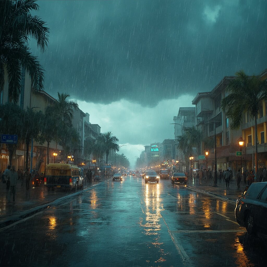 Hialeah in June: Your Ultimate Survival Guide to South Florida's Summer Hotspot Dramatic afternoon thunderstorm in Hialeah with heavy rainfall, people seeking shelter, and wet pavement reflecting modern buildings and classic Florida architecture under dark storm clouds and humid conditions.