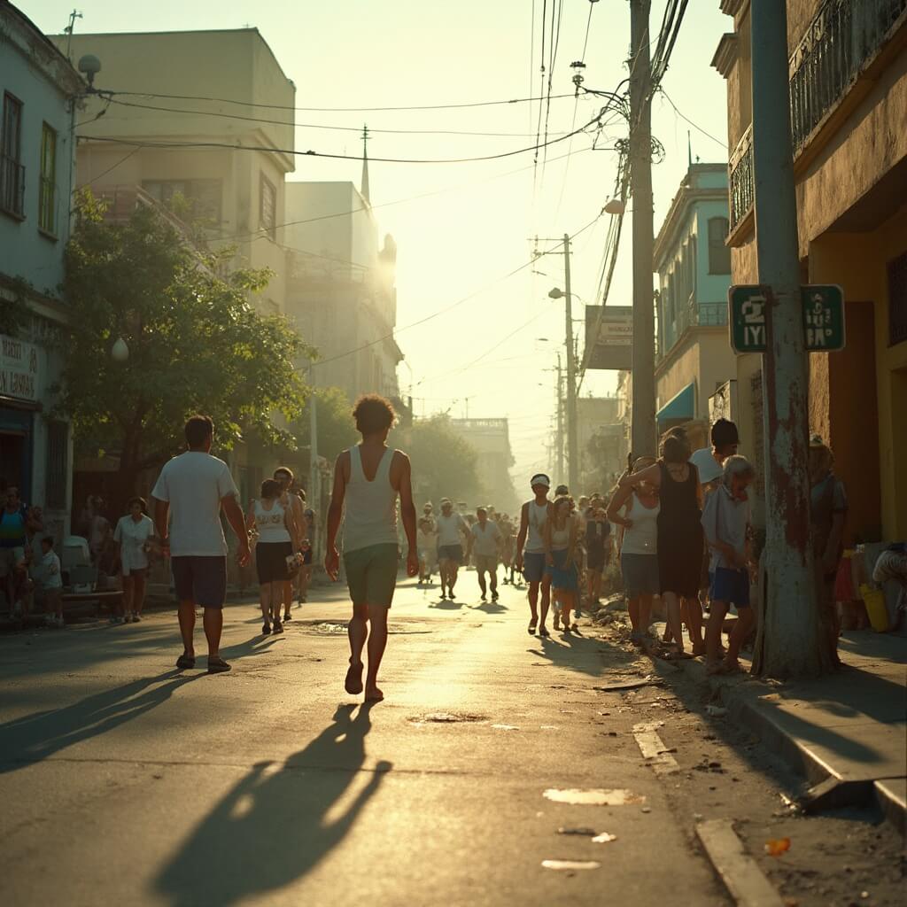 Mid-afternoon street scene in Hialeah, Florida, with heat waves rising from pavement, people in breathable clothing, colorful local architecture, and tropical flora, captured in saturated colors, in a realistic documentary photography style.