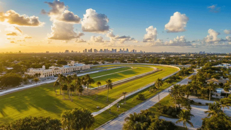 Hialeah in January: Your Ultimate Weather & Lifestyle Guide "Aerial view of Hialeah, Florida at sunset featuring Spanish-style architecture, palm trees, people in parks, and reflections on modern buildings, with a display showing a temperature of 75°F"