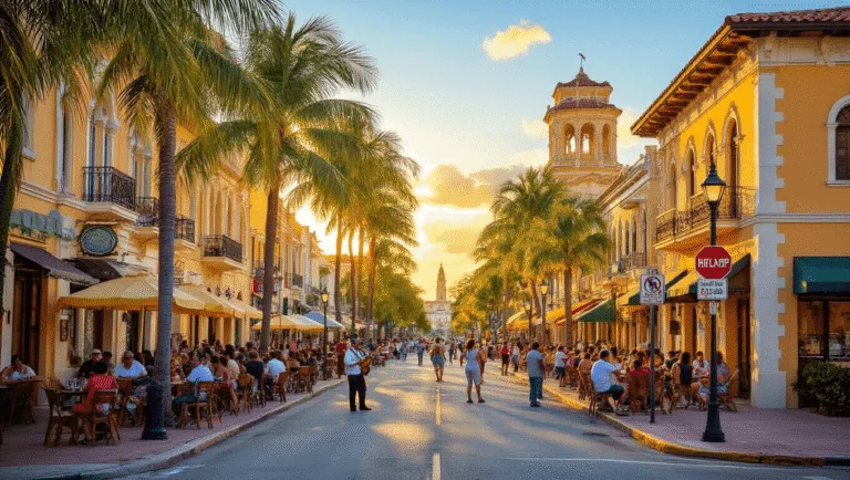 Hialeah in March: Your Insider's Guide to Florida's Hidden Gem "Street musician playing salsa music on a vibrant Hialeah, Florida street lined with palm trees, Cuban architecture, outdoor cafes, and pastel buildings bathed in golden sunset light with Hialeah Park's architecture in the background."