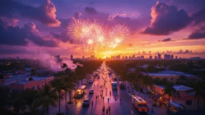Sizzling Secrets: Why Hialeah in July Will Blow Your Mind (And Melt Your Expectations) "Aerial view of Hialeah in July featuring Milander Park fireworks and laser shows, rain clouds, colorful buildings and gathering crowds during sunset, with visible steam and playing children near splash pads."