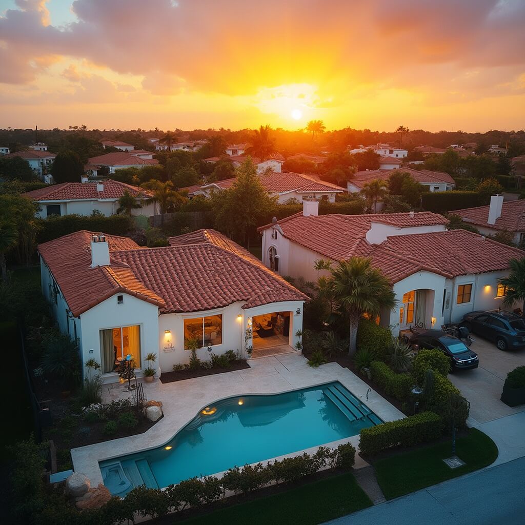 Hialeah in January: Your Ultimate Weather & Lifestyle Guide Aerial view of residential neighborhood in Hialeah at sunset, featuring Mediterranean-style homes, swimming pools reflecting the orange sky, landscaped yards, short-term rental properties and people engaging in outdoor activities.