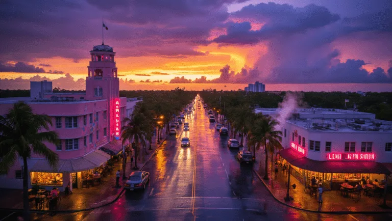 Why Hialeah in August is Your Secret Tropical Paradise (Weather Warnings Included!) "Aerial view of Hialeah, Florida at sunset featuring rain-soaked streets reflecting neon lights, distinctive pink architecture of Hialeah Park Casino, colorful murals of Leah Arts District, and patrons under café awnings amid a backdrop of a stormy purple-orange sky; capturing tropical weather and Cuban-American culture."