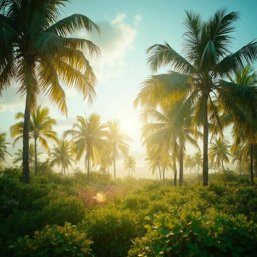 Sunlit subtropical landscape of Hialeah with lush palm trees and clear blue skies in January