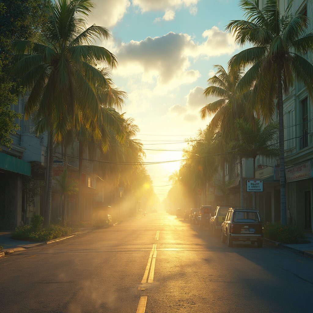 Hyperrealistic image of downtown Tallahassee under intense golden sunlight at 2 PM in August, showcasing empty streets with palm trees, shimmering temperature, vibrant green foliage, and a cloudless azure sky, depicting the overwhelming presence of heat.
