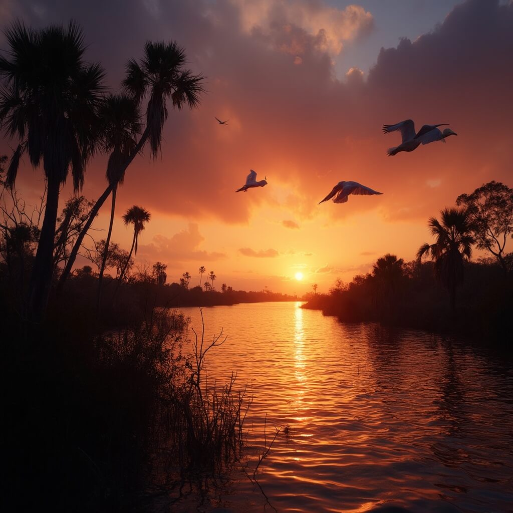 October Unraveled: Why Port St. Lucie is Your Secret Florida Paradise Dramatic sunset over Indian River Lagoon featuring silhouetted palm trees, flying Roseate Spoonbills, shoreline mangroves, and evening clouds in an orange-purple sky.