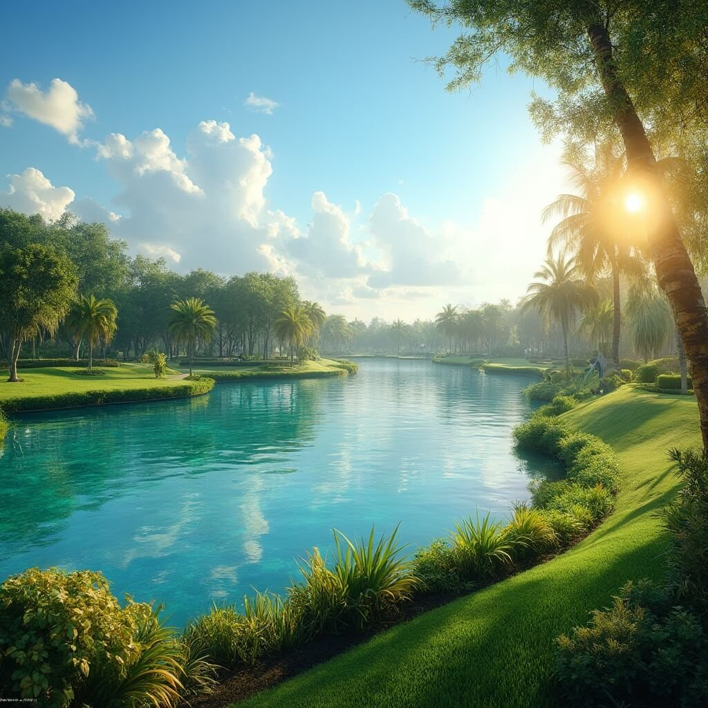 Golden afternoon landscape of Lake Morton in Lakeland, Florida with clear water reflection, lush greenery, and warm lighting