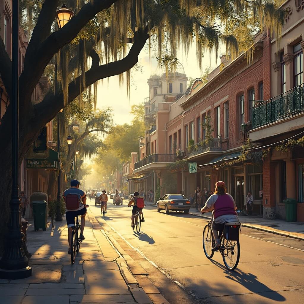 Why Lakeland, Florida is Your Secret February Paradise (And Why You'll Want to Visit) Historic downtown Lakeland at golden hour with brick buildings, wrought iron balconies, tree-lined streets, people on bicycles, and architectural features of Art Deco and Mediterranean Revival styles in warm February sunlight