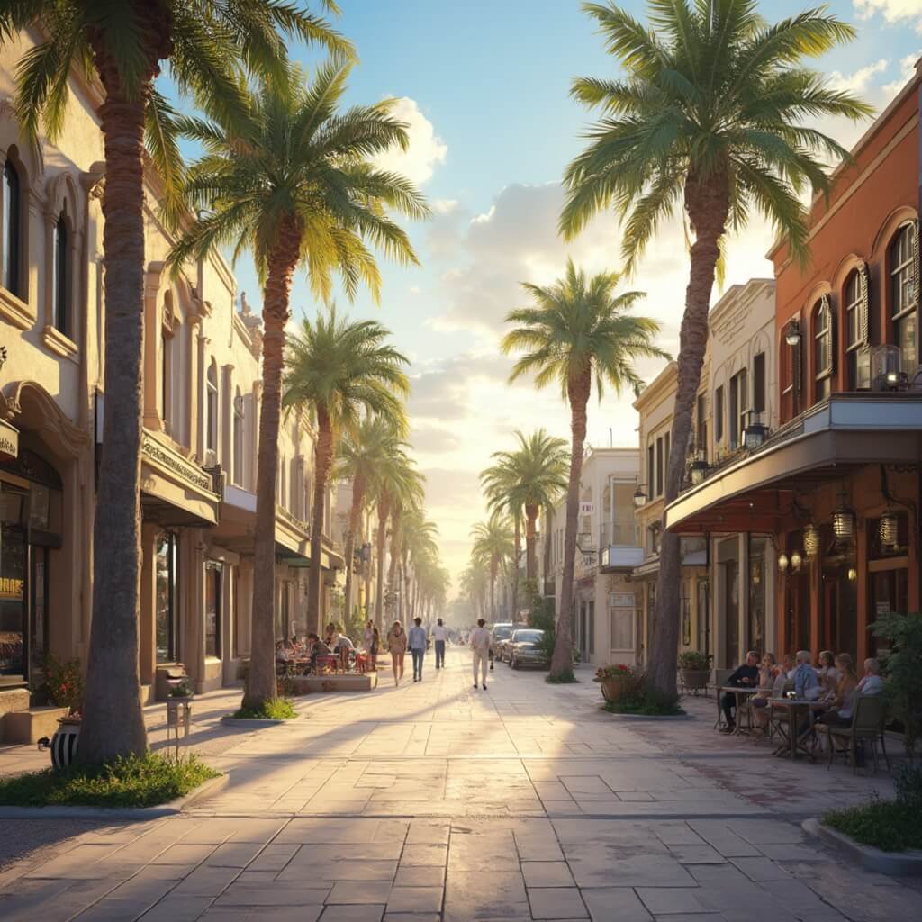 Why Lakeland, Florida is Your Secret February Paradise (And Why You'll Want to Visit) Downtown Lakeland street on a sunny winter morning, with people strolling and enjoying coffee, vintage buildings lined with palm trees bathed in soft golden light