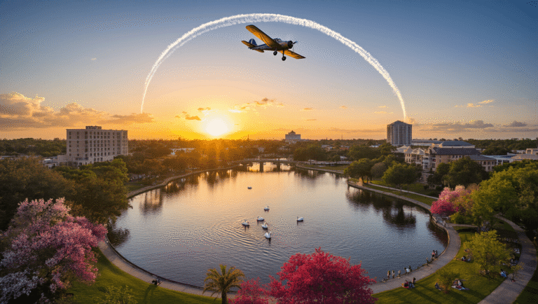 Lakeland in April: Your Ultimate Guide to Florida's Hidden Springtime Paradise "Aerial view of Lakeland, Florida in April evening with swan boats on Lake Mirror, vintage aircraft in sky, modern and historical buildings, greenery of Bonnet Springs Park, and people enjoying lakeside picnics"