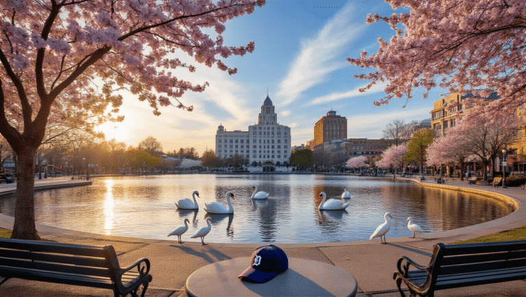 Why Lakeland in March Will Blow Your Mind: A Traveler's Ultimate Guide "Swan boats on Lake Mirror at golden hour, with downtown Lakeland skyline, bloom-filled cherry blossom trees, a Detroit Tigers cap on a park bench, Art Deco buildings, white ibis birds, Lake Mirror Amphitheater, and Hollis Garden entrance in the view."
