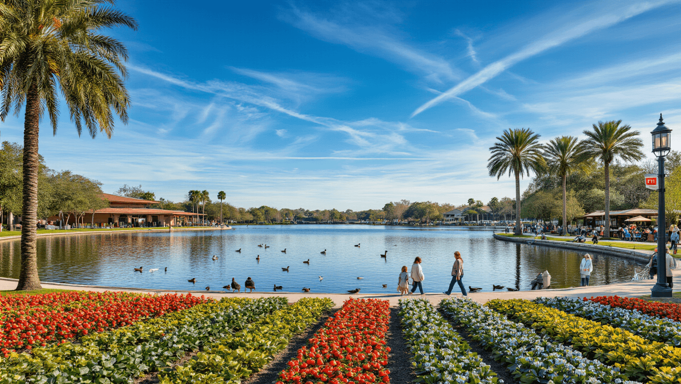 "Winter panoramic view of Lakeland, Florida featuring Lake Mirror, palm trees, strawberry fields, visitors on promenade, Frank Lloyd Wright architecture, a thermometer showing 71°F, Hollis Garden's blooms and waterfowl on lake."