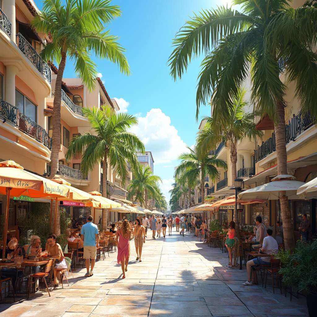 Why Fort Lauderdale in February Will Be Your Perfect Winter Escape Bustling daytime scene on Las Olas Boulevard with colorful outdoor restaurant seating, diverse architecture, lush tropical vegetation, people walking, sidewalk cafes with umbrellas reflecting a blend of Mediterranean and Florida design