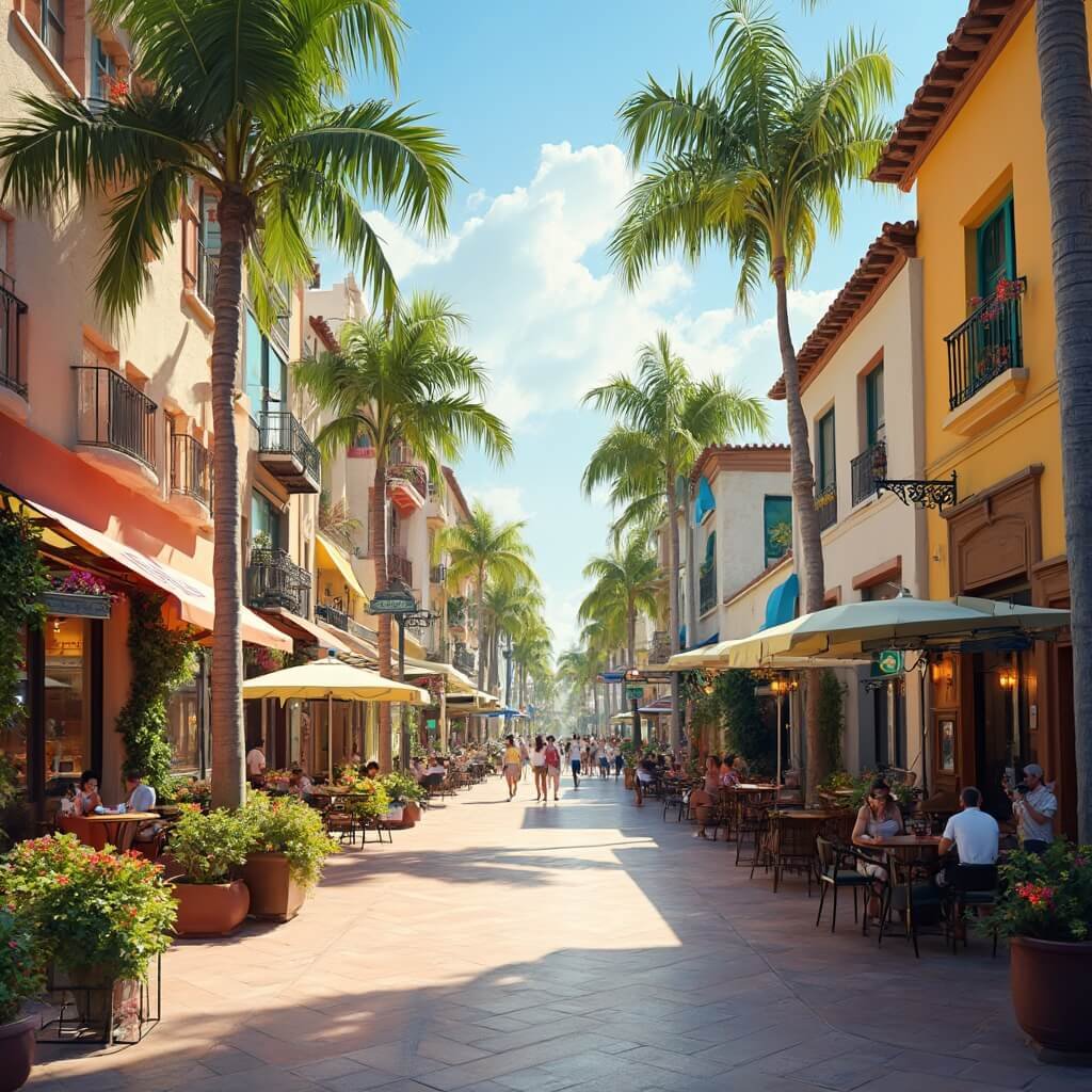 Fort Lauderdale in May: Your Ultimate Escape Without the Summer Crowds Bustling Las Olas Boulevard with colorful Mediterranean-style buildings, outdoor café seating, tropical flora, and people enjoying the vibrant atmosphere in warm afternoon sunlight