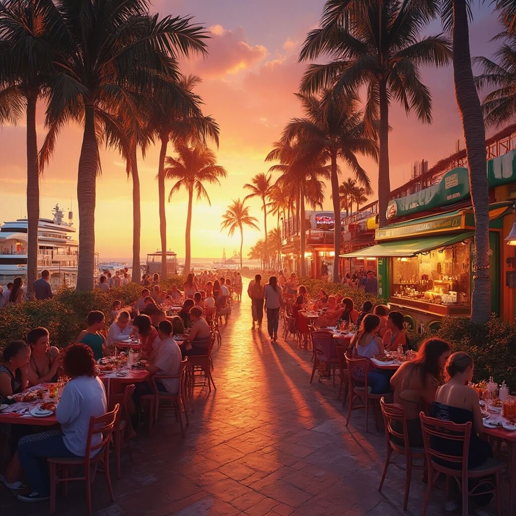 Why Fort Lauderdale in January Will Blow Your Mind (Without Blowing Your Budget) Diverse diners at outdoor cafe tables under a vibrant sunset and silhouetted palm trees on Las Olas Boulevard, Fort Lauderdale, with colorful food trucks lined up and luxury yachts moored in the background