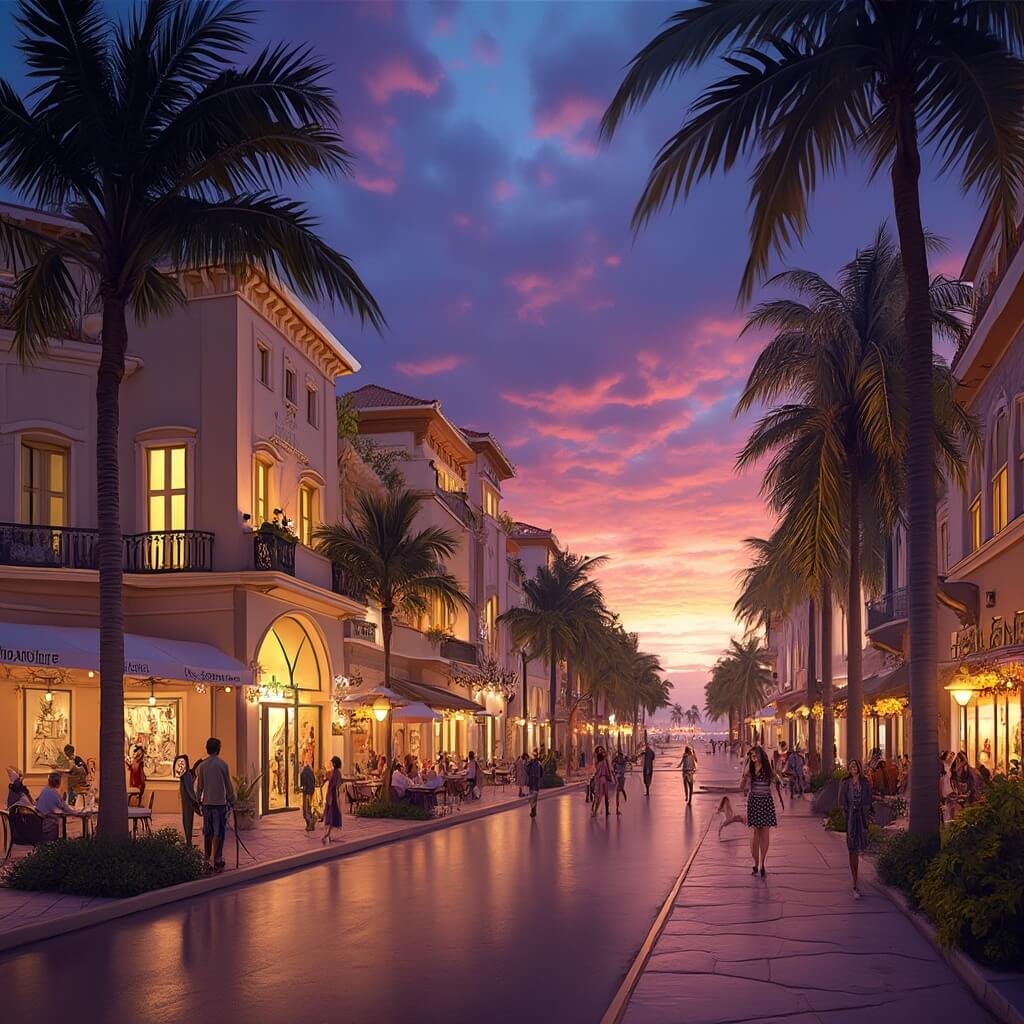 November Secrets: Why Fort Lauderdale is Your Ultimate Warm-Weather Escape Twilight scene of Las Olas Boulevard in Fort Lauderdale with glowing Mediterranean-style buildings, palm trees, outdoor cafes, local artists' displays, well-dressed locals and visitors strolling past boutiques and galleries under a purple-orange sunset sky.