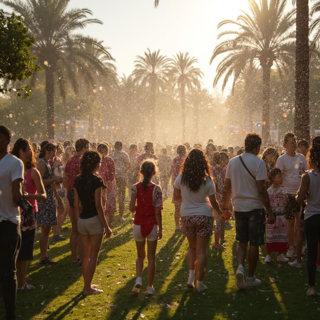 Hialeah in December: Your Ultimate Warm-Weather Winter Escape Families enjoying a Latin-style holiday celebration at Milander Park with artificial snowfall, cultural decorations, palm trees in the background, all under the warm golden sunlight of December