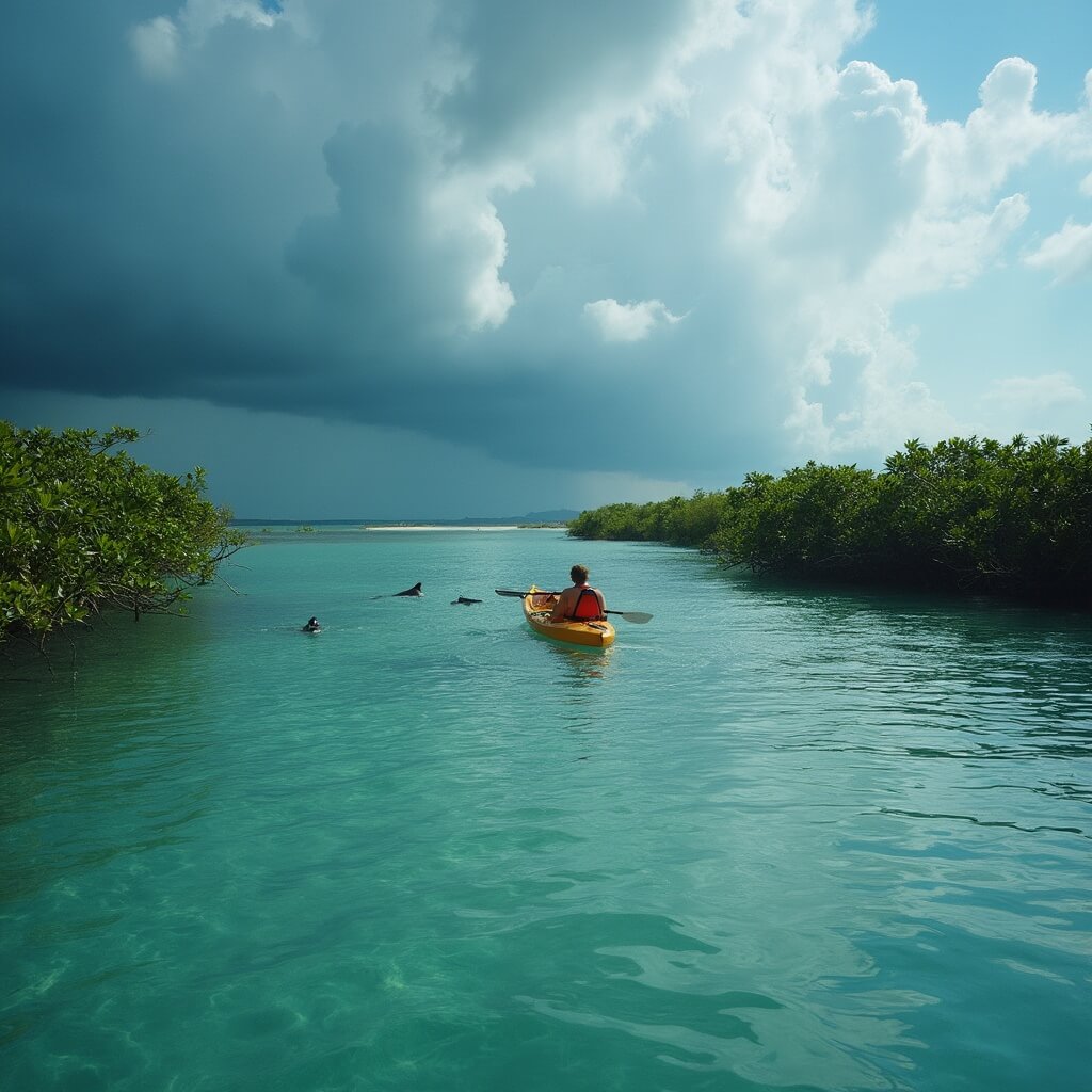 Hurricane Season Sweet Spot: Your Ultimate Guide to Fort Myers Beach in September Kayaker paddling on clear waters near Lovers Key with dolphins nearby, mangroves along the shoreline and pre-storm clouds building in the distance at Fort Myers Beach