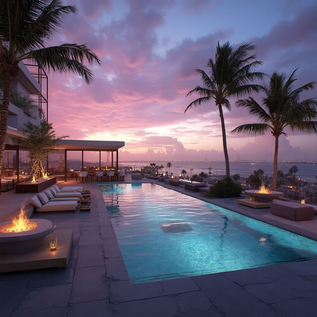 Fort Lauderdale in April: Your Ultimate Weather-Perfect Getaway Guide Luxurious beachfront rooftop lounge at twilight in Fort Lauderdale with infinity pool reflecting pink and purple sky, elegant outdoor seating with fire pits, swaying palm trees, ocean and city skyline in the background, and atmospheric lighting.
