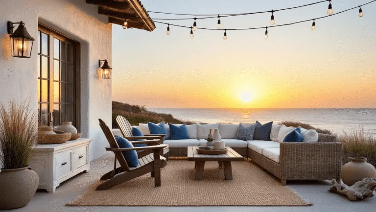 Outdoor Coastal Decor: Transform Your Patio into a Serene Beach Retreat A luxurious coastal patio at sunset featuring a teak Adirondack chair, rattan sectional with layered pillows, a jute rug, and decorative driftwood, illuminated by string lights and lanterns.