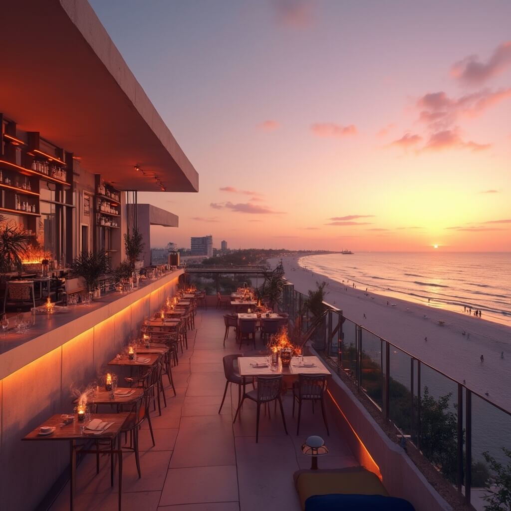 Why Panama City Beach in June Will Blow Your Mind (Literally and Figuratively!) Minimalist rooftop bar at sunset with luxurious outdoor seating, craft cocktails, overlooking Gulf Coast and a distant beach silhouette under a vibrant orange and purple sky, with no people in the foreground