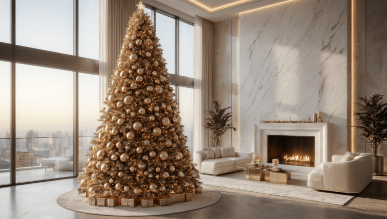 Christmas Tree Trends 2025: Transform Your Holiday Decor with Bold, Luxe Styles A breathtaking 14-foot Christmas tree adorned with metallic rose gold and champagne ornaments stands majestically in a luxurious double-height penthouse, illuminated by warm white LED lights and sunlight streaming through floor-to-ceiling windows, complemented by a modern cream and taupe interior.