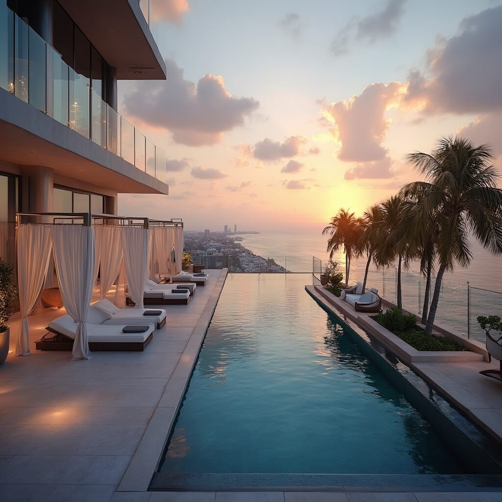 Fort Lauderdale in March: Your Ultimate Sunshine Escape (That'll Make Your Instagram Followers Jealous) Elegant rooftop lounge at twilight in Fort Lauderdale with an infinity pool, glass railings, cabanas, lounge furniture, and palm trees, overlooking the ocean and city skyline with a sunset over the Atlantic Ocean