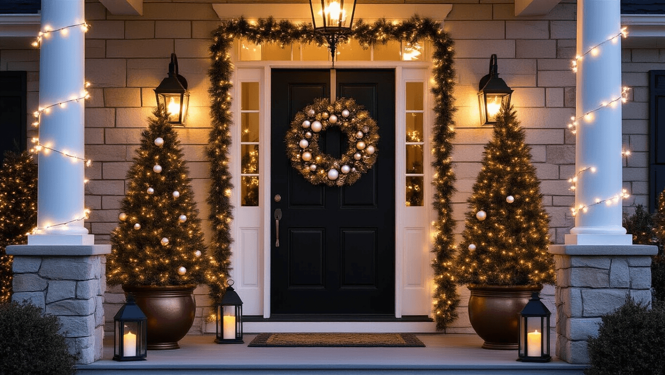 A beautifully decorated Christmas porch at twilight featuring a black door with a mixed pine wreath, flanked by illuminated artificial trees in copper planters, surrounded by string lights, lanterns, and layered rugs, all captured in hyperrealistic detail.