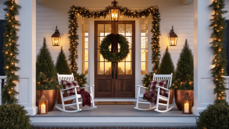 Magical Front Porch Christmas Decor: Transform Your Entryway into a Festive Wonderland A beautifully decorated Southern-style front porch at sunset, featuring double French doors with an evergreen wreath, Norfolk pines in copper planters, and a natural pine garland, all illuminated by vintage lanterns and warm string lights, set in a magical holiday atmosphere.