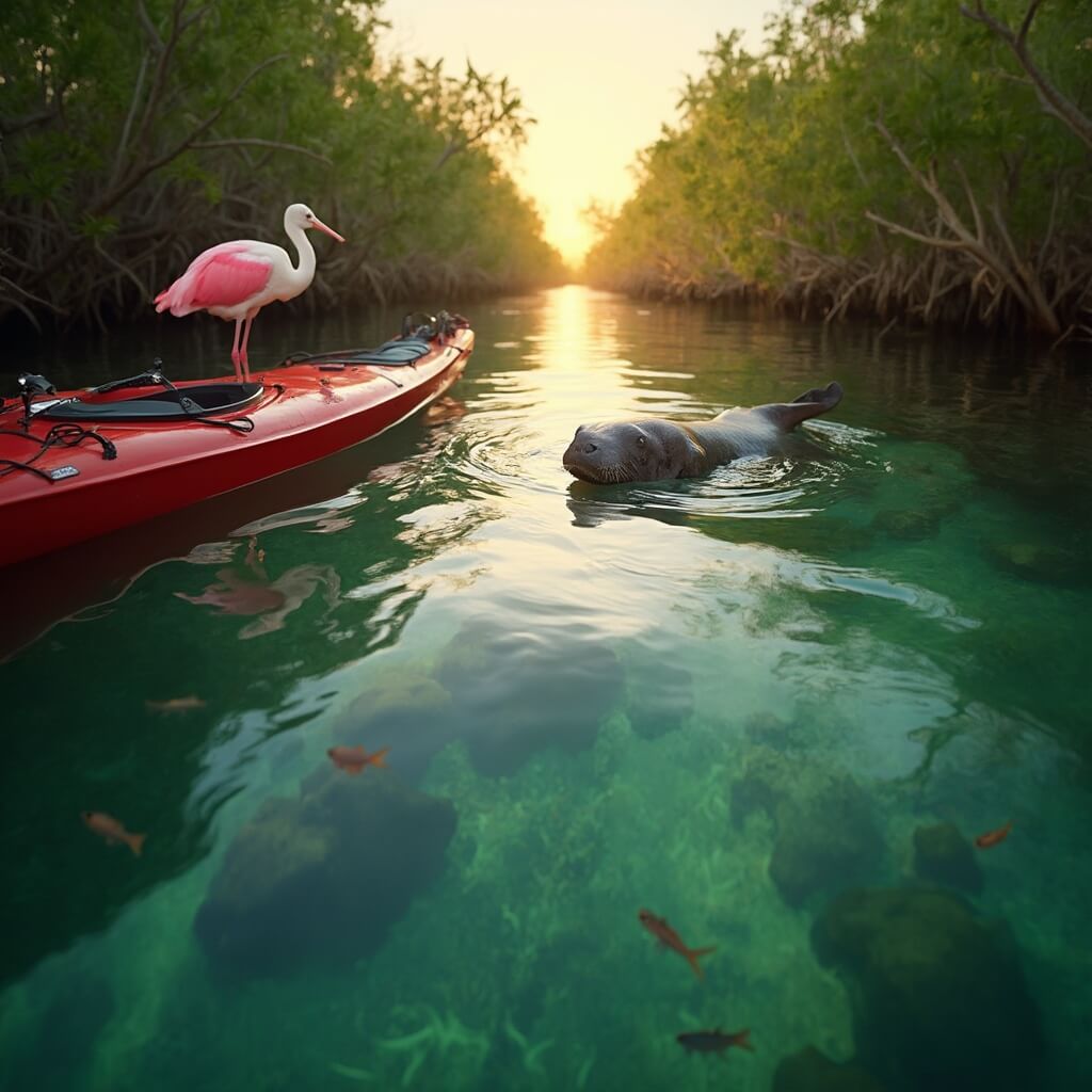 Cape Coral in December: Your Ultimate Winter Escape Guide Manatee surfacing near red kayak in clear mangrove waterway during golden hour, with a roseate spoonbill wading nearby and small fish jumping.