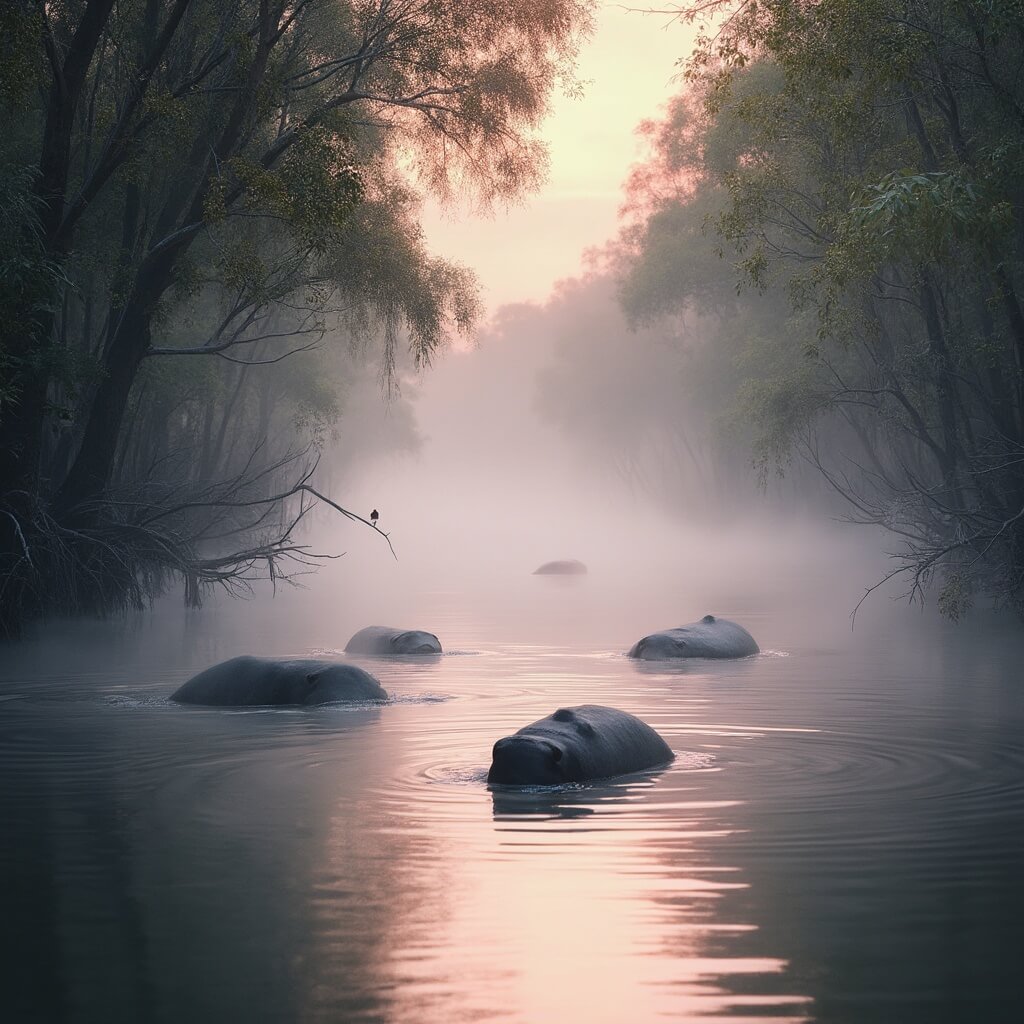 Port St. Lucie in February: Your Ultimate Sunshine Escape That Nobody's Talking About Dawn break over serene Florida riverside, with mist-covered waters, manatee silhouettes, mangroves, birds in trees, under a pink-golden glow