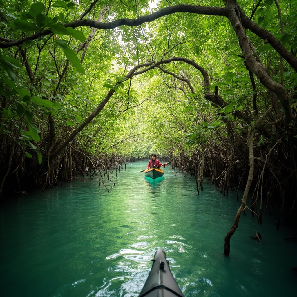 Sun, Sand, and Surprises: Why Cape Coral in April is Your Ultimate Escape Kayaker navigating through a narrow mangrove tunnel in Four Mile Cove Ecological Preserve with sunlight filtering through dense green foliage
