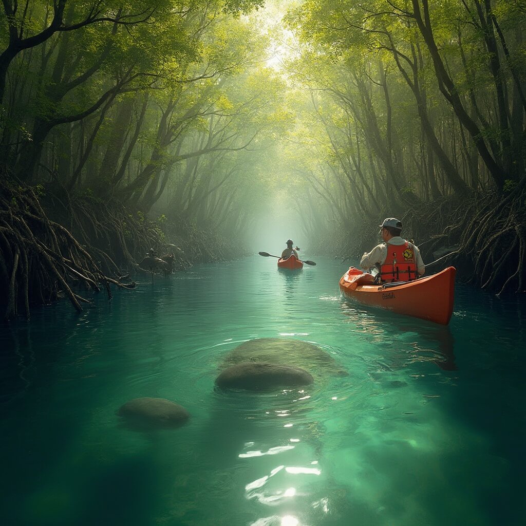 Why Cape Coral in May Will Blow Your Mind: The Ultimate Sunshine Escape Man on a serene kayak journey through Four Mile Cove's mangrove tunnels during golden hour, with clear water reflecting sunlight, silhouette of a manatee family underneath and herons perched on mangrove roots.