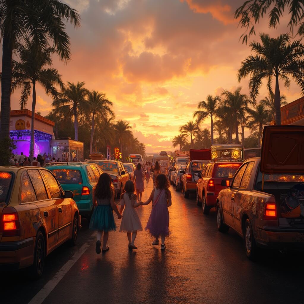 Hialeah in October: Your Ultimate Guide to South Florida's Hidden Cultural Gem Children in costumes enjoying a community Halloween trunk-or-treat event in Milander Park, South Florida at sunset; decorated cars with festive themes, food trucks, live music stage, and palm trees silhouetted against the warm orange and golden light.